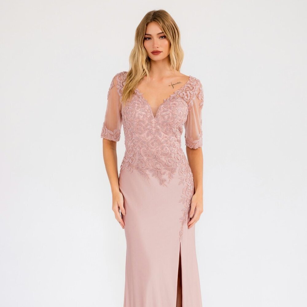 New Rose Beads Embellished Long Mother Of Bride Dress w/ 3/4 Sleeves JTM15L